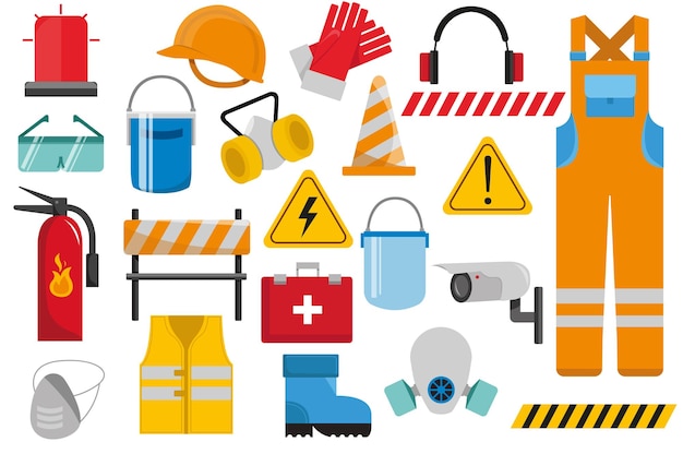 Safety work set icons concept in the flat cartoon style attributes and a special uniform