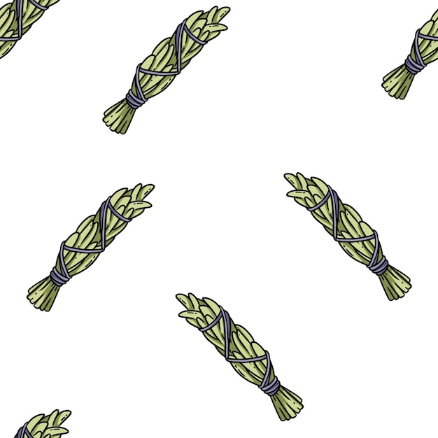 Sage smudge sticks handdrawn boho seamless pattern Sage herb bundle texture print background