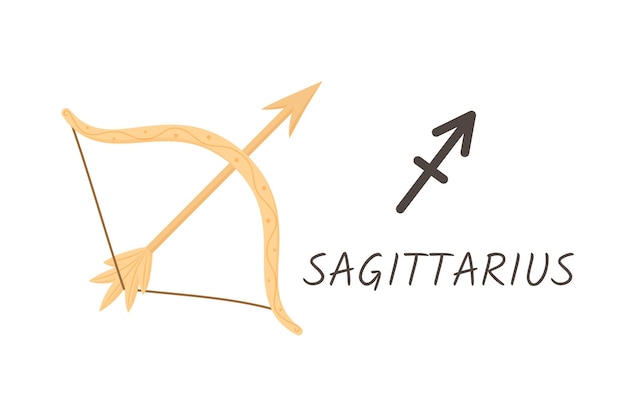 Sagittarius horoscope zodiac sign with symbol and inscription Bow with arrow stretched string cartoon style