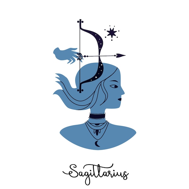 Sagittarius zodiac sign Female blue silhouette of a warrior with a bow and arrow