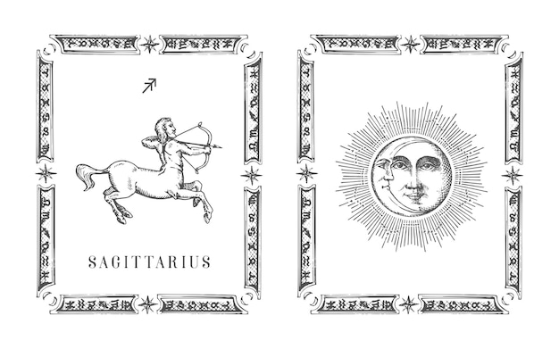 Sagittarius zodiac symbol in frame, horoscope card