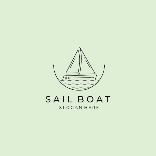 Sail boat logo line minimalist vector design with wave logo and emblem