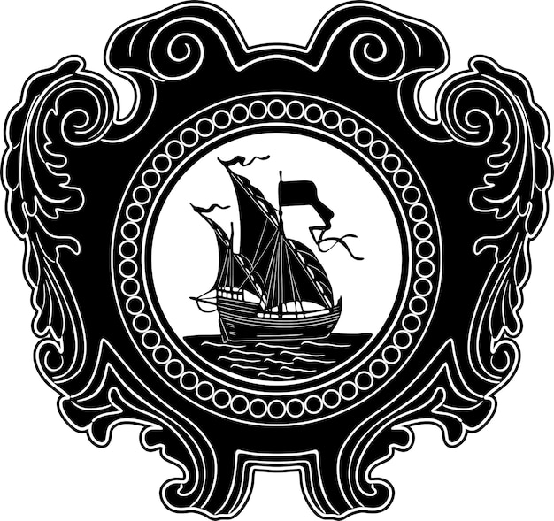 Sailboat black design with baroque frame handmade silhouette