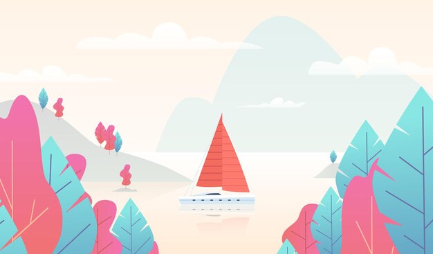 Vector sailboat panorama with pond. mountain nature scene with boat and lake, paradise background with pink and blue trees, mountains and sea, exotic resort summer vacation. flat vector cartoon illustration