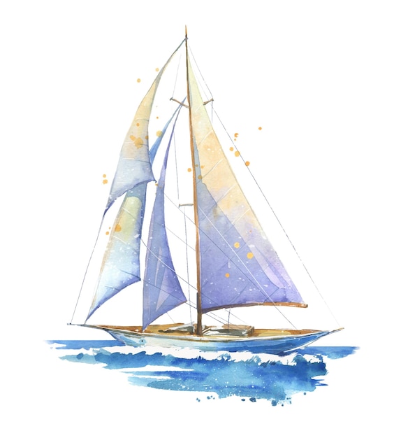 Sailing boat, hand painted watercolor illustration