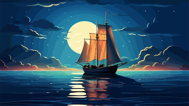 Sailing Boat in Open Sea Illustration