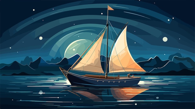 Sailing Boat in Open Sea Illustration