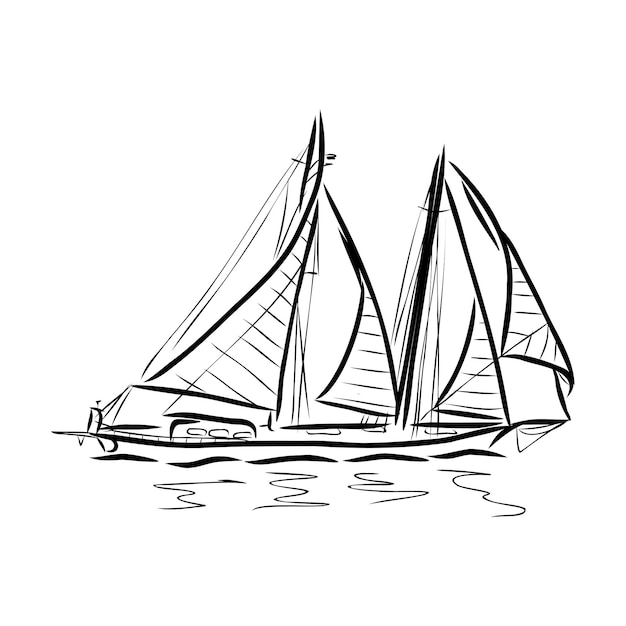 Sailing boat vector hand drawn sketch isolated with waves. Sea yacht floating on the water surface.