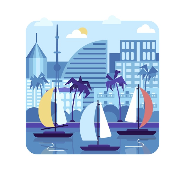 Sailing boats near city Vector illustration in flat stile