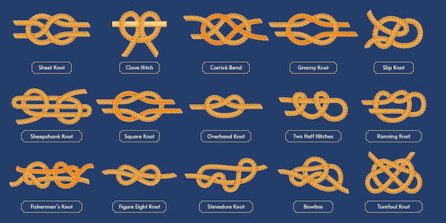 Sailing rope knot Square reef tomfool and overhand knots Nautical rope hitches and loops vector set