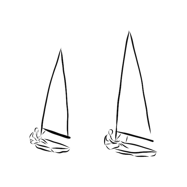 Sailing ship or boat in the ocean in ink line style. Hand sketched yacht. Marine theme design.