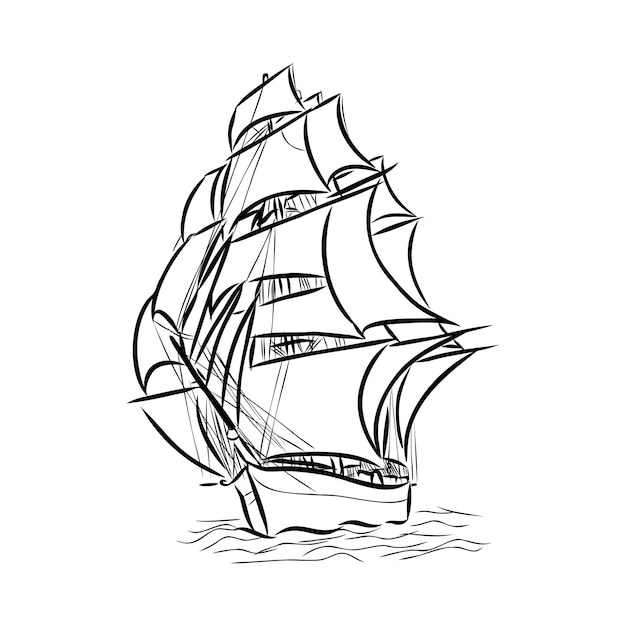 Sailing ship or boat in the ocean in ink line style. Hand sketched yacht. Marine theme design.