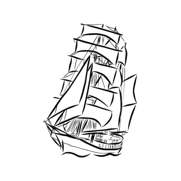 Sailing ship or boat in the ocean in ink line style. Hand sketched yacht. Marine theme design.