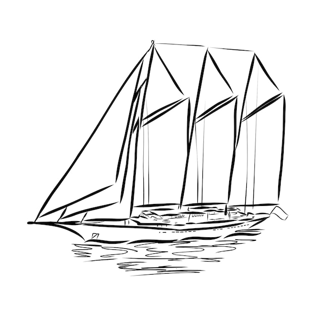 Sailing ship or boat in the ocean in ink line style. Hand sketched yacht. Marine theme design.