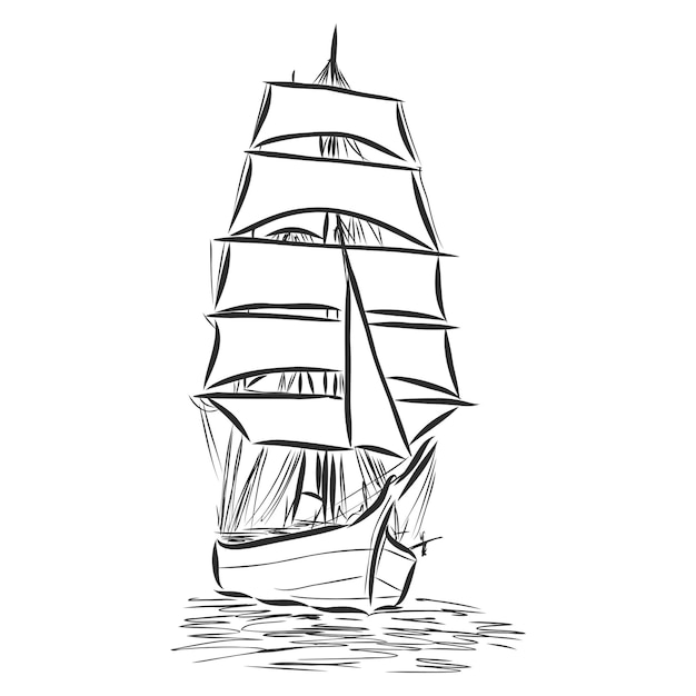 Sailing ship or boat in the ocean in ink line style. Hand sketched yacht. Marine theme design.