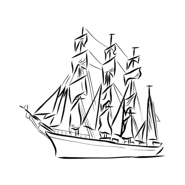 Sailing ship or boat in the ocean in ink line style. Hand sketched yacht. Marine theme design.