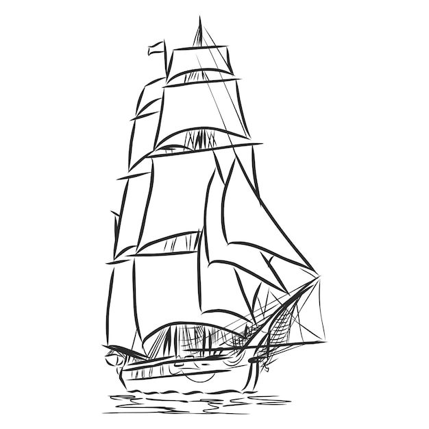 Sailing ship or boat in the ocean in ink line style. Hand sketched yacht. Marine theme design.