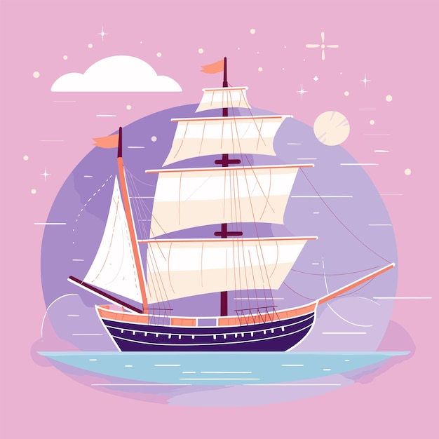 Sailing ship cruising calm ocean under starry sky twilight hues Vintage vessel glides peaceful