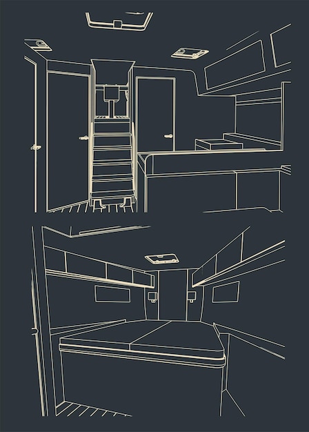 Sailing yacht interior sketches illustration