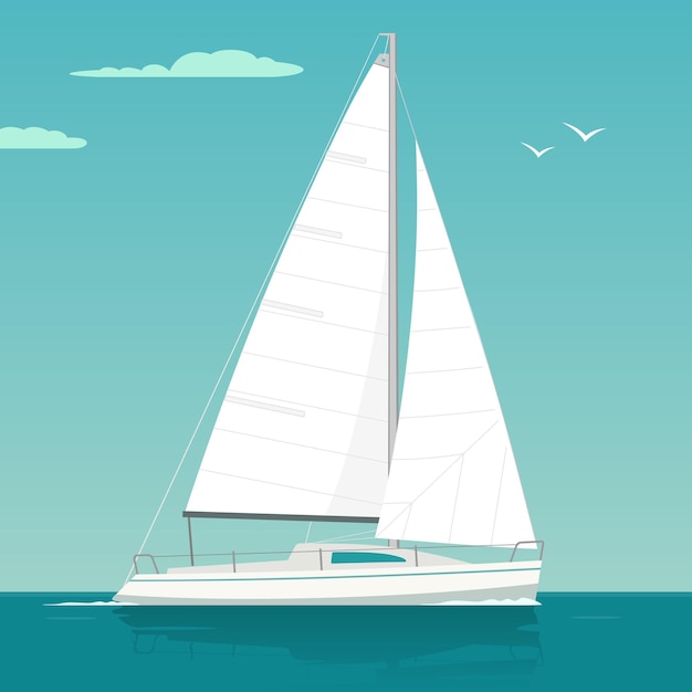 Sailing yacht on the sea waves. Sailboat. Vector drawn flat illustration. Isolated on white background.