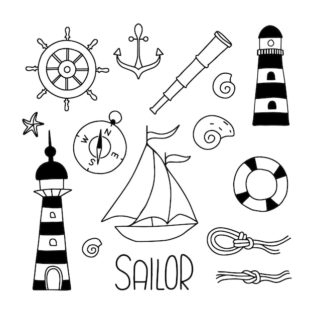 Sailor icons with lettering Hand draw vector line illustration