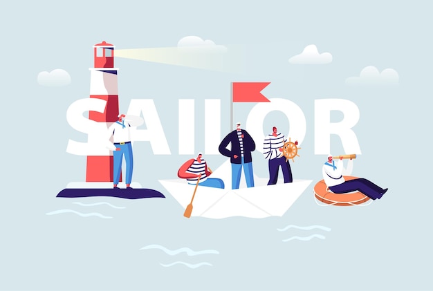 Sailor illustration. Ship Crew Male Characters in Uniform. Captain, Sailors in Stripped Vest at Steering Wheel and Life Buoy