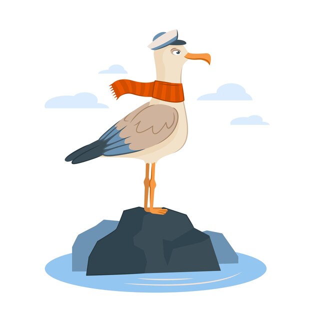 Vector the sailor is a seagull a cute funny sea or ocean bird in captain's clothes stands on a rock