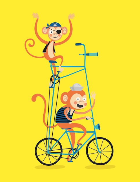 Sailor and pirate monkeys riding in a second floor bike illustration