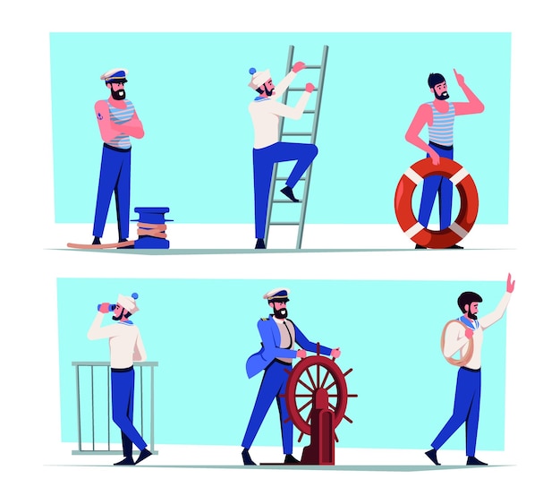 Sailors Flat marine characters young captains and sailors in work professional costumes garish vector characters in cartoon style