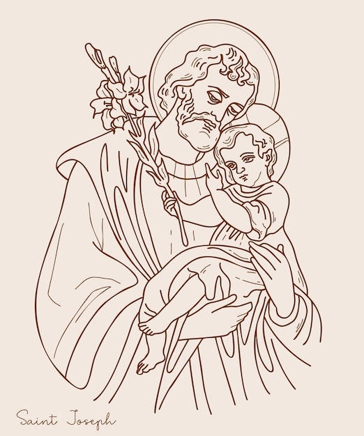 Saint Joseph Betrothed Icon Holy Forefather with Jesus Christ and blooming lily Hand drawn outline