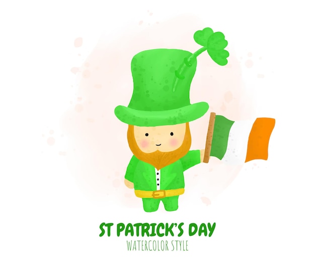 Saint patrick day cartoon character leprechaun holding a flag in watercolor style