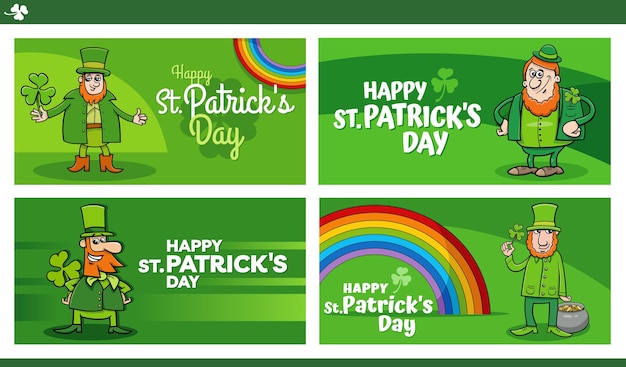 Saint Patrick Day designs set with cartoon Leprechaun character