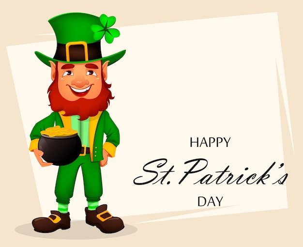 Saint Patrick day greeting card with cute Leprechaun