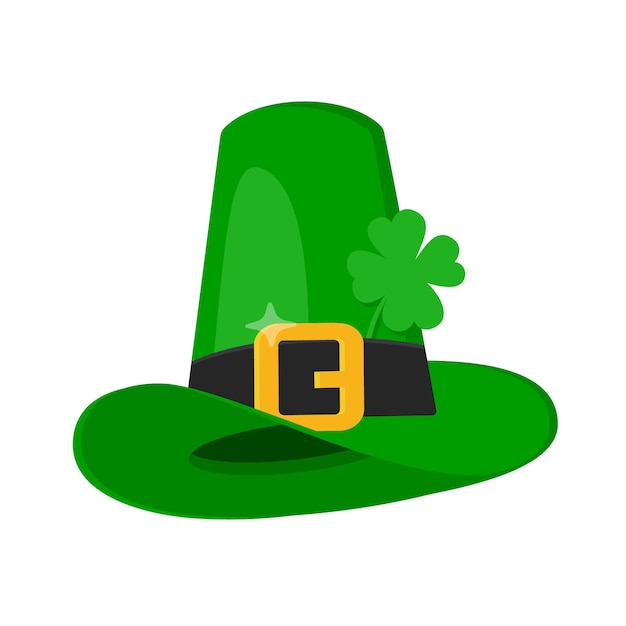 Saint Patrick Day leprechaun green hat with shamrock clover four leaf lucky icon flat style design.