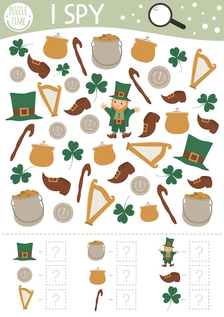 Saint Patrick I spy game for kids Searching and counting activity for preschool children with traditional Irish holiday objects Funny printable worksheet for kids Simple holiday spotting puzzlexA