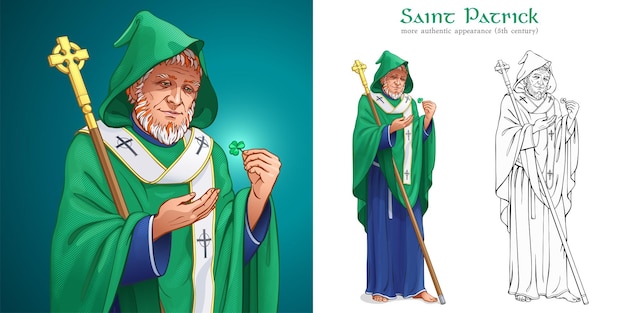 Saint Patrick Patron of Ireland holds the staff with a Celtic cross and looks at the shamrock