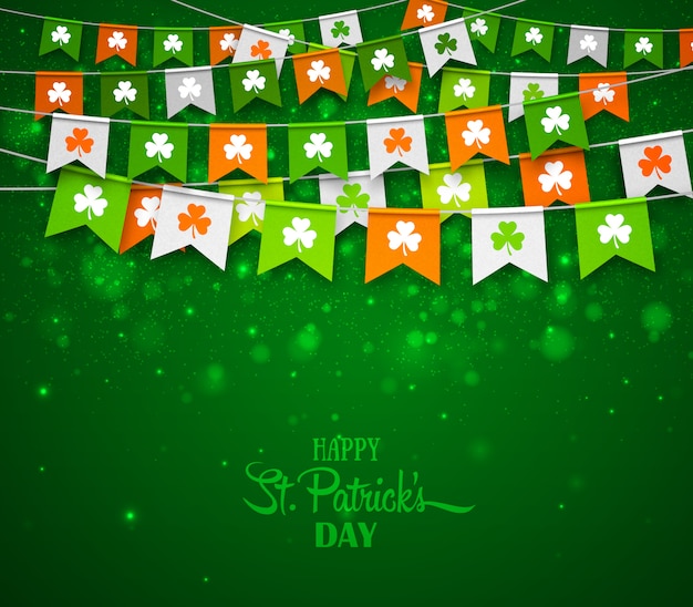 Saint Patrick's Day background. Colorful garlands flags with clover. Holiday banner