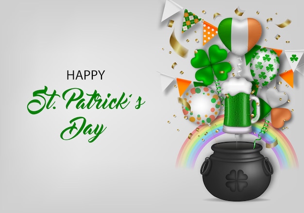 saint patrick's day background with pot and party balloons, streamers, pennants and confetti