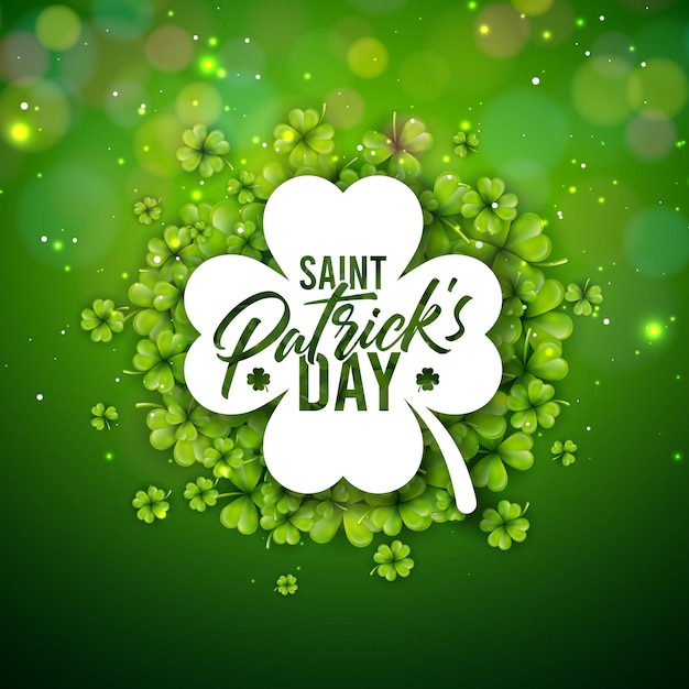 Saint Patrick's Day Illustration with Flying Clover Leaves and Typography Letter on Green Background