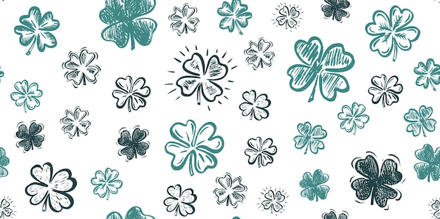 Saint Patricks Day, clover pattern, hand drawn illustrations.