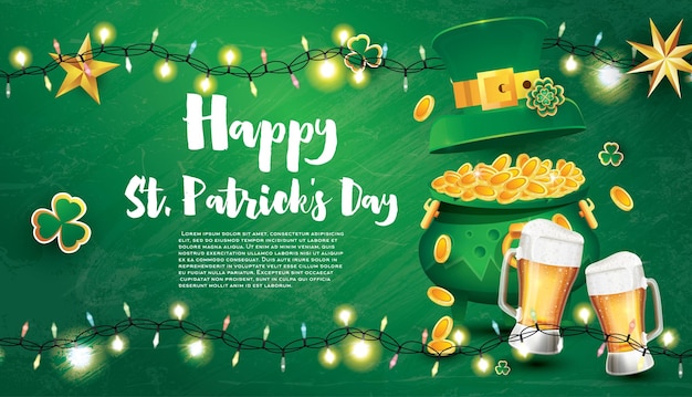 Saint Patricks Day Festive Banner with Pot Filled Golden Coins Glass of Beer Green Top Hat