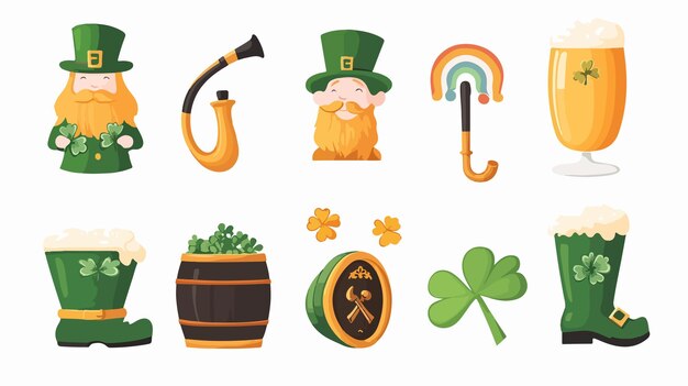 Vector saint patricks day flat icon set with pot of gold