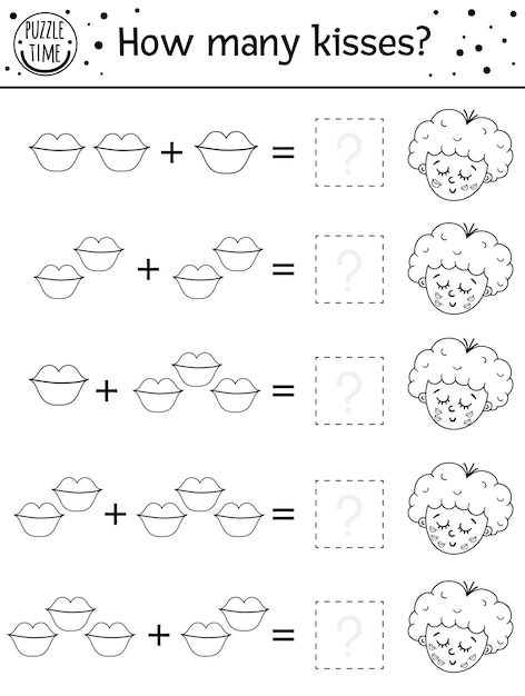 Saint Valentine day black and white counting game with kisses and cupid. Holiday activity for preschool children with love theme. Educational printable math worksheet. Addition outline puzzle