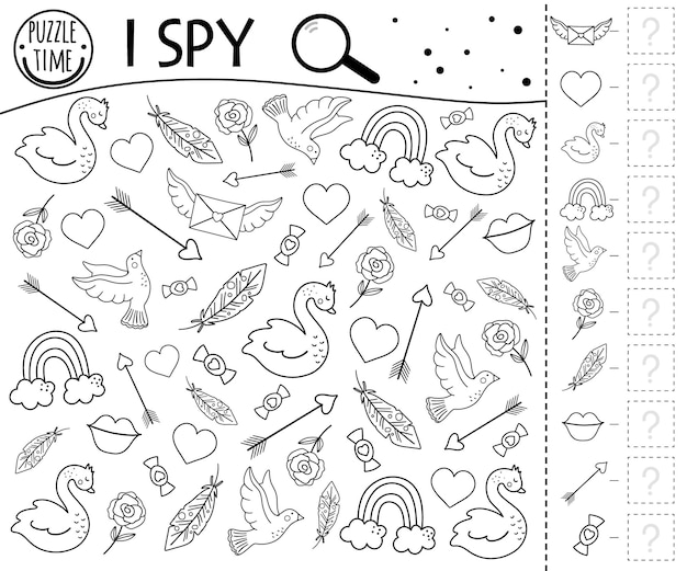 Vector saint valentine day black and white i spy game for kids. searching and counting activity for preschool children or holiday coloring page. funny party printable worksheet with love theme.