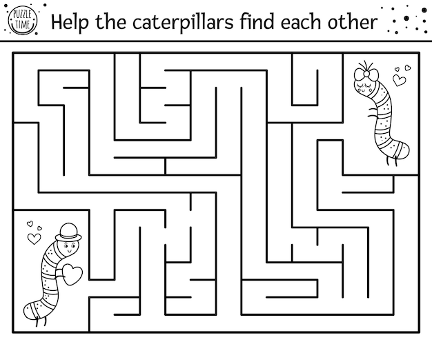 Saint Valentine day black and white maze for children. Holiday preschool printable activity. Funny line game with insects. Romantic puzzle or coloring page. Help the caterpillars find each other