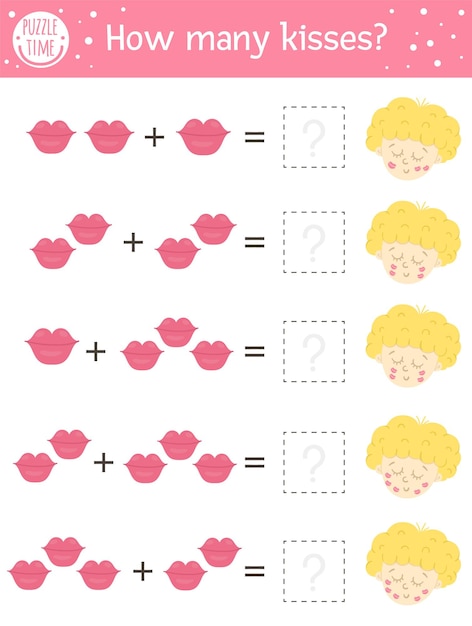 Saint Valentine day counting game with kisses and cupid. Holiday activity for preschool children with love theme. Educational printable math worksheet. Addition puzzle for kids