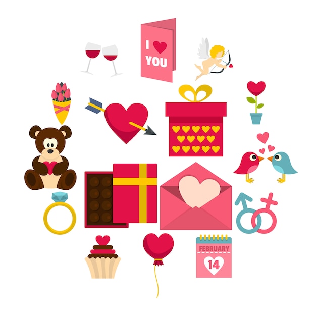 Saint Valentine icons set in flat style