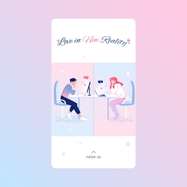 Saint Valentines Day social media story template with cute lovers celebrating the holiday online. Long distance relationship concept.