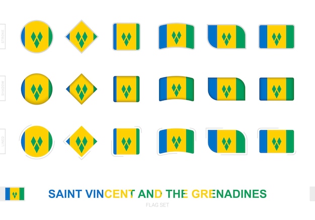 Saint Vincent and the Grenadines flag set, simple flags of Saint Vincent and the Grenadines with three different effects.