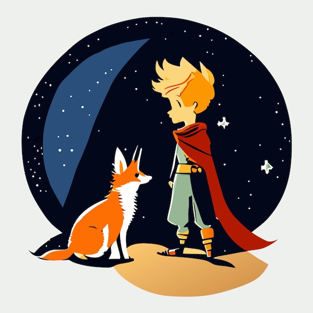 saintexupery the little prince and fox and planet vector illustration flat